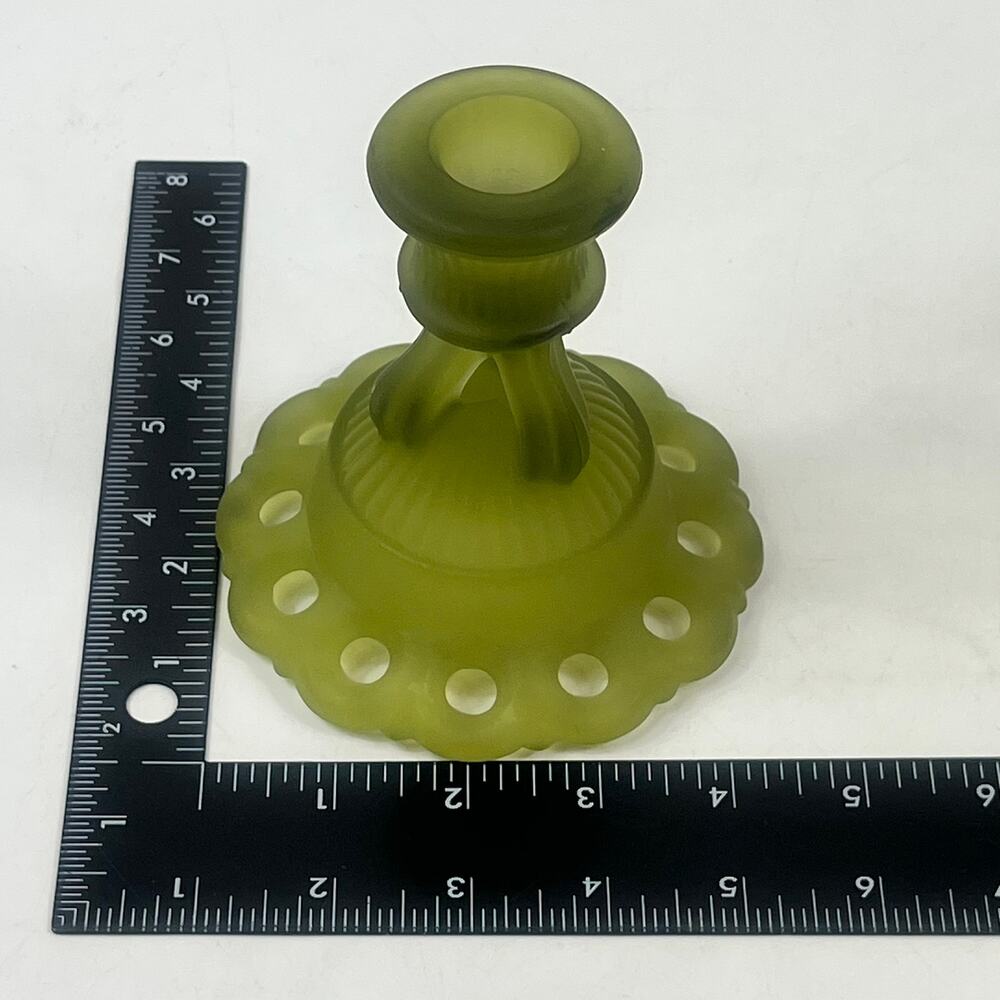 Vtg Westmoreland Doric Lace Olive Green Satin Glass Candlestick Holders Pair USA - Picture 5 of 6